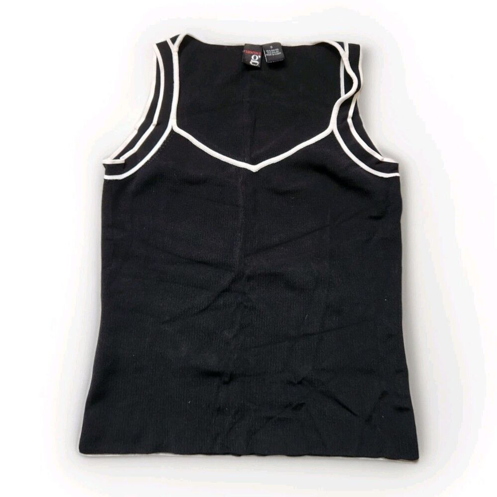 Essentials G Black White Ribbed Sleeveless Sweatheart Neckline Blouse Sz S EUC